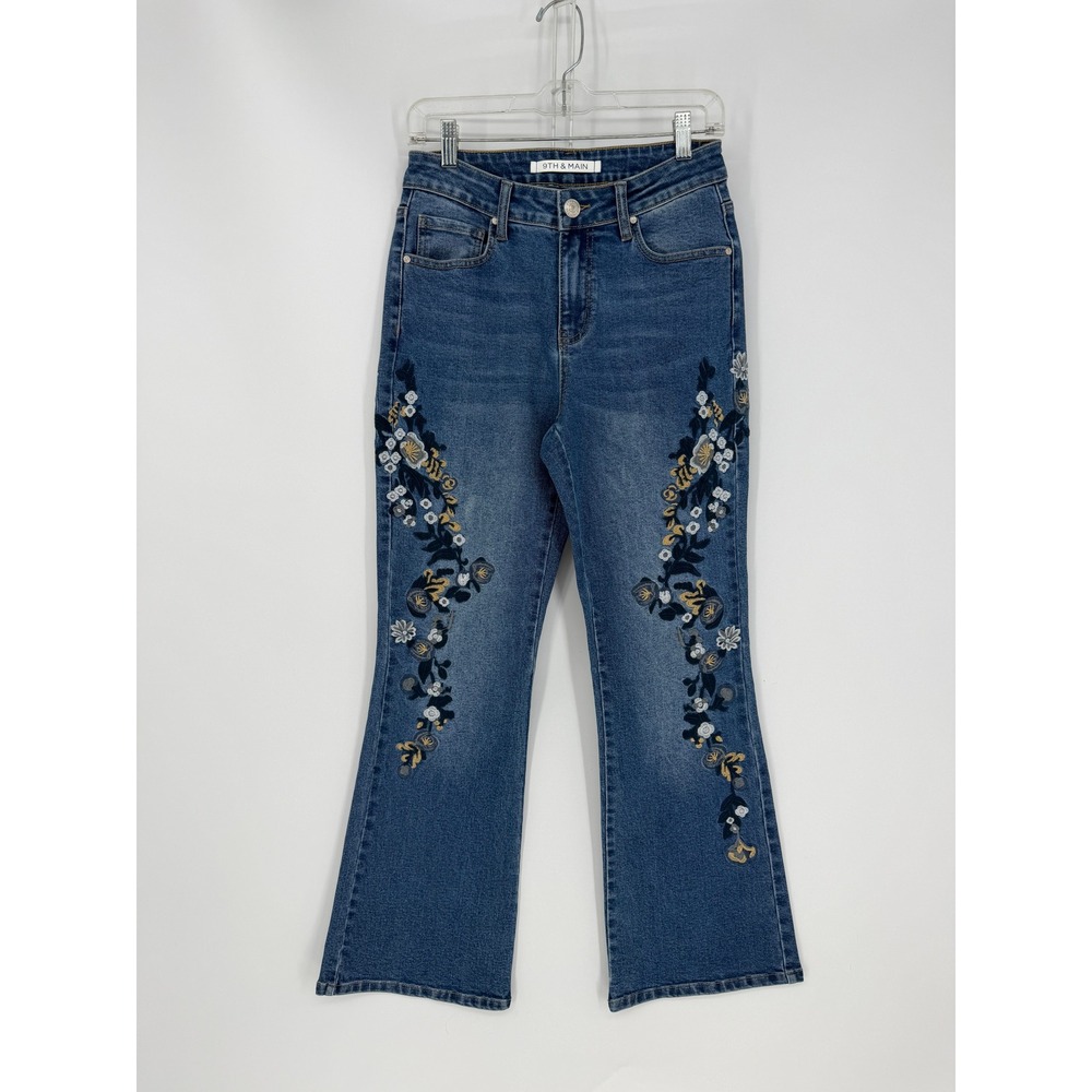 9th & Main Jeans Women 8 Blue Floral Embroidered Flare Boho Cottagecore Eclectic